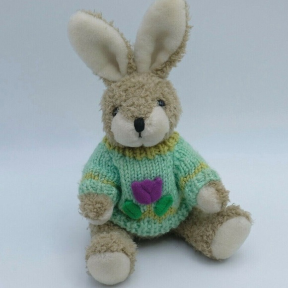 Vintage HugFun 1999 Plush Bunny Rabbit&Cow 10" Doll Flower Knitted Teal Sweater - Picture 2 of 10